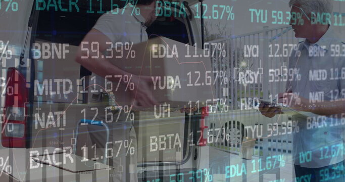 Image of financial data processing over delivery man loading up car outside of warehouse - Powered by Adobe