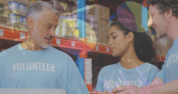 Statistical data processing over diverse male and female volunteers checking donations at warehouse