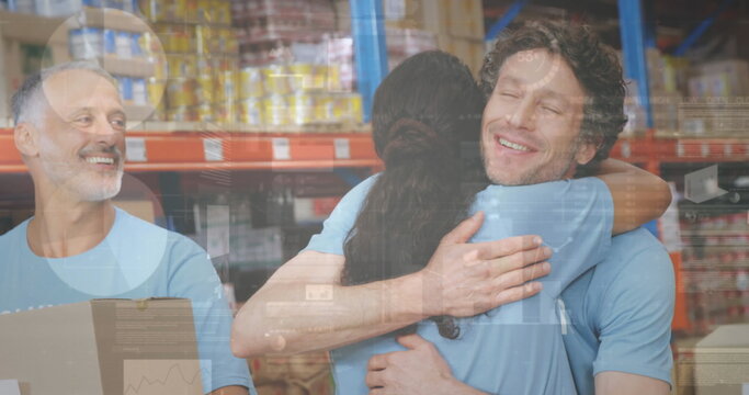 Statistical data processing over diverse male and female volunteers hugging each other at warehouse