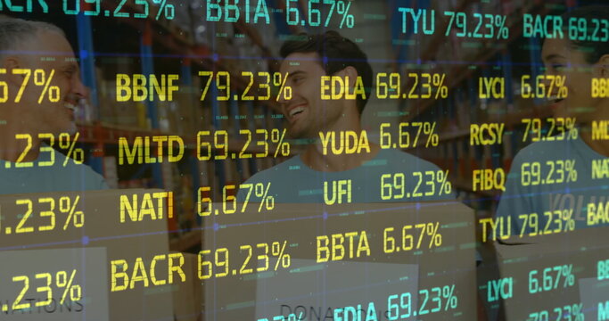 Stock market data processing against male and female volunteers holding donation boxes at warehouse - Powered by Adobe