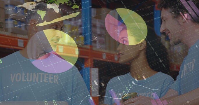 Statistical data processing against group of volunteers discussing over donations at warehouse - Powered by Adobe