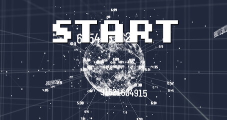 Image of start text over network of connections and data processing on grid