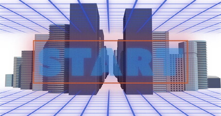 Digital image of start text over grid network against 3d city model on white background