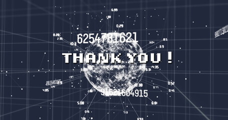 Image of thank you text over data processing and network of connections
