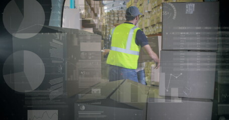 Image of statistics and financial data processing over delivery man