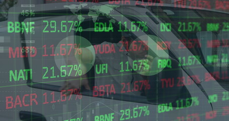 Image of financial data processing over delivery man