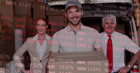 Image of financial data processing over delivery man with managers