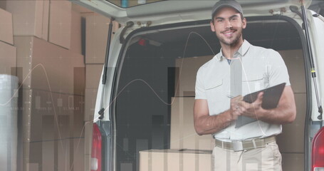 Image of statistics and data processing over delivery man with clipboard by van
