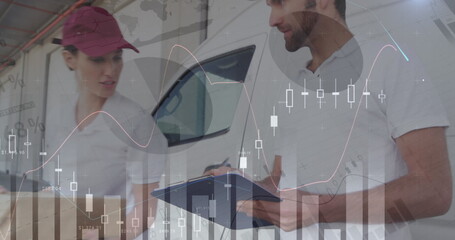 Image of statistics and data processing over delivery man with clipboard by van