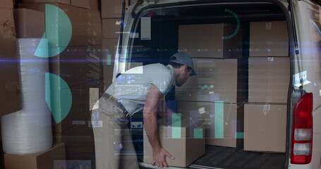 Image of statistics and financial data processing over delivery man
