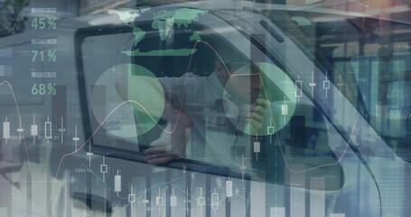 Image of statistics and financial data processing over delivery man
