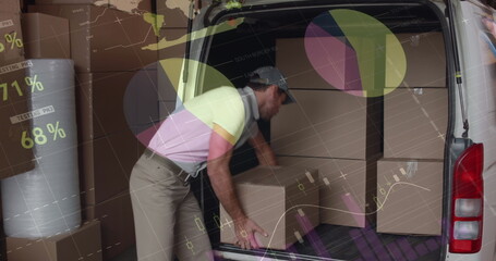 Image of statistics and financial data processing over delivery man