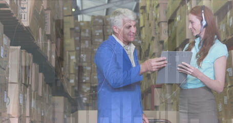 Image of statistics and financial data processing over delivery man and woman in warehouse