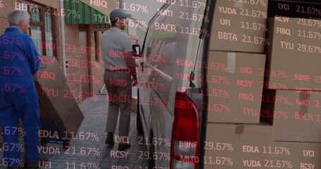 Image of statistics and financial data processing over delivery man