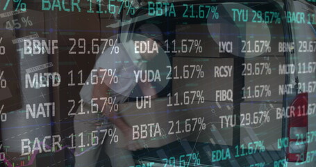 Image of statistics and financial data processing over delivery man