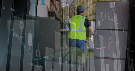 Image of statistics and financial data processing over delivery man