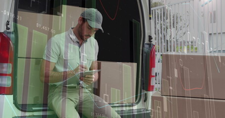 Image of statistics and data processing over delivery man with clipboard in van