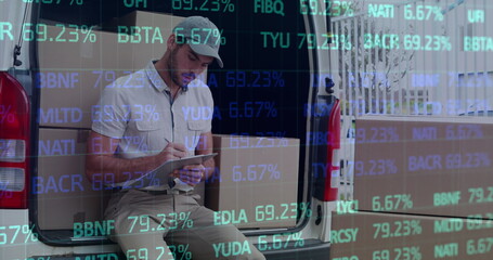 Image of statistics and financial data processing over delivery man