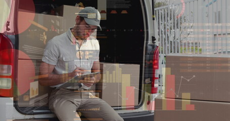 Image of statistics processing over delivery man with cardboard boxes