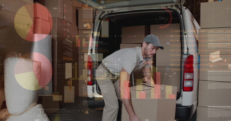 Statistical data processing against caucasian male delivery man stacking boxes in his delivery van