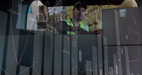 Image of statistics and financial data processing over delivery man