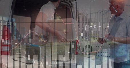 Image of statistics and financial data processing over delivery man