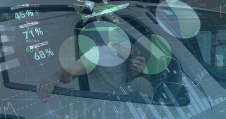 Image of statistics and financial data processing over delivery man