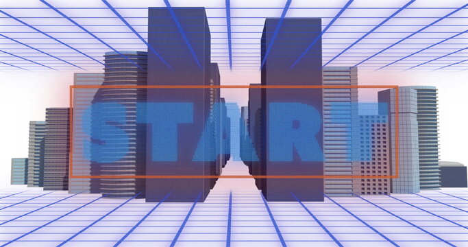 Digital image of start text over grid network against 3d city model on white background - Powered by Adobe