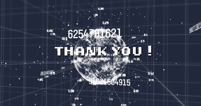 Image of thank you text over data processing and network of connections