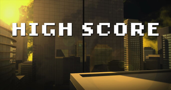 Image of white pixel text high score, over modern cityscape sunset