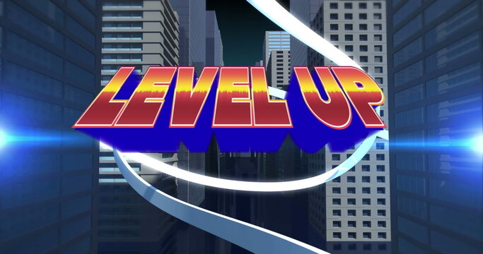 Image of orange text level up, with white swirl, over modern cityscape - Powered by Adobe