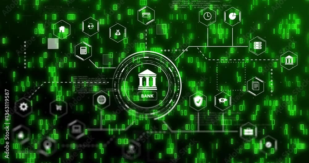 Poster digital banking icons and data processing animation overlaying green binary code