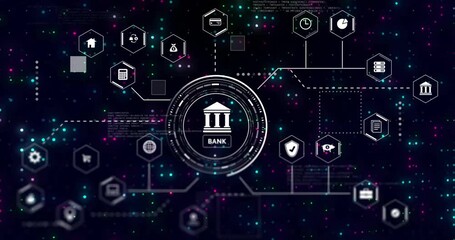 Animation of bank icon with digital network and financial technology symbols - Powered by Adobe