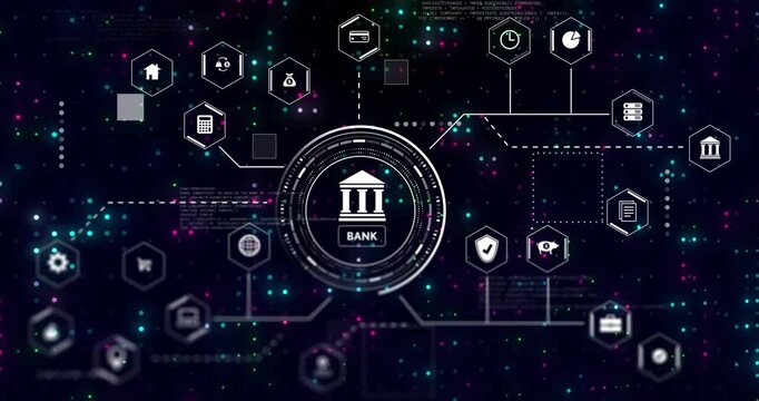 Animation of bank icon with digital network and financial technology symbols