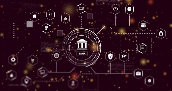 Digital network with glowing particles connecting banking technology icons