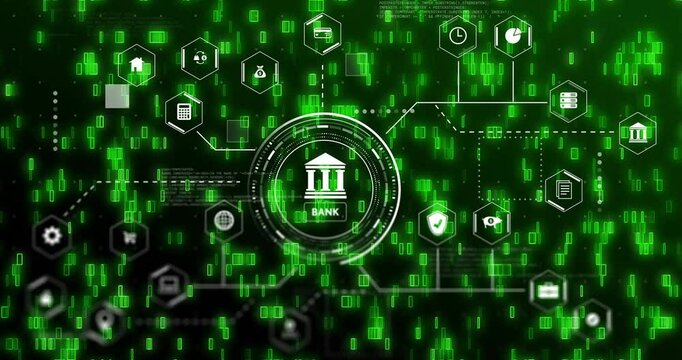 Digital banking icons and data processing animation overlaying green binary code