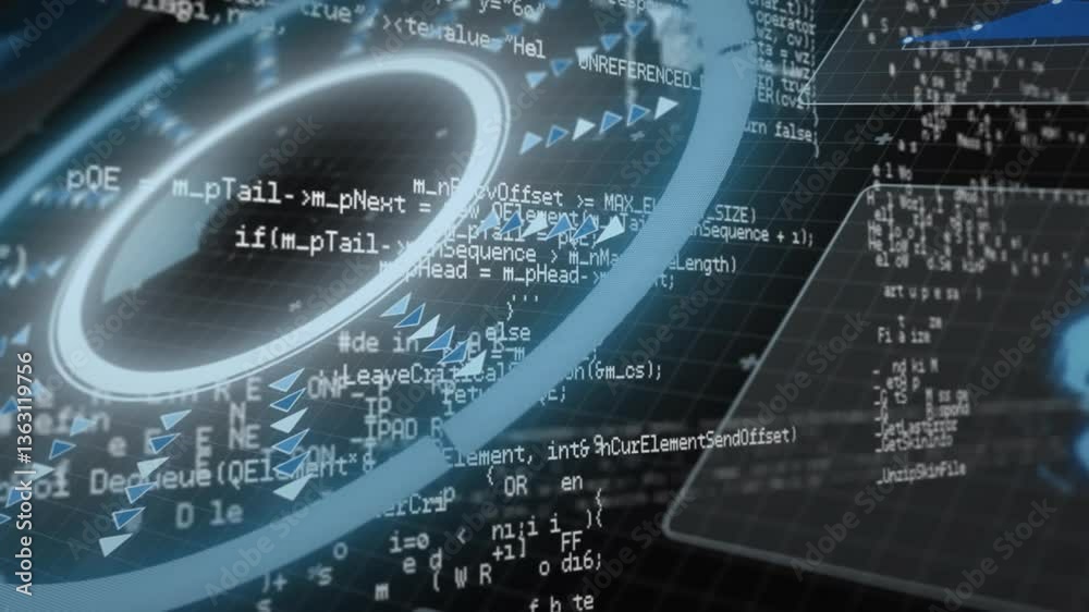 Poster digital code and geometric shapes forming complex data processing animation