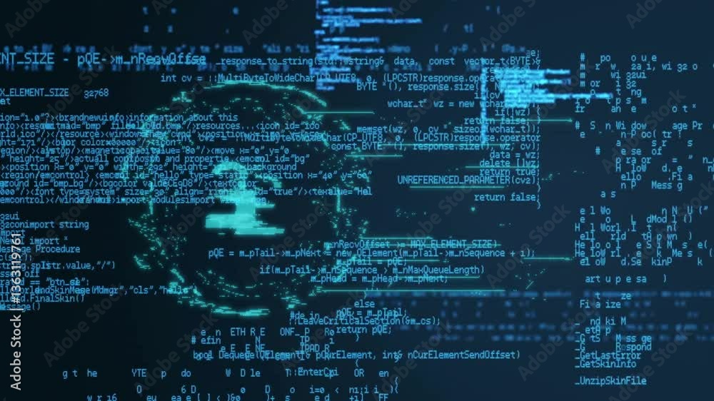 Poster digital code and data processing animation forming abstract human face