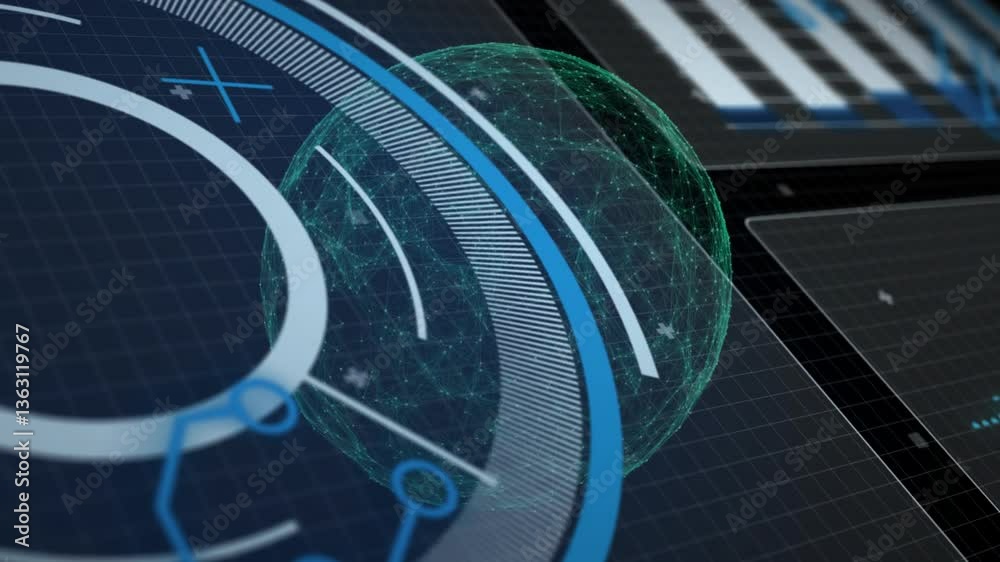 Poster animation of futuristic digital interface with circular graphics and grid patterns