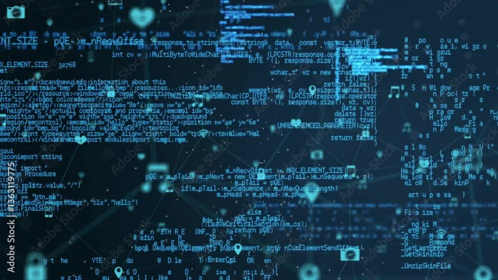 Poster digital code and network connections forming complex data processing animation