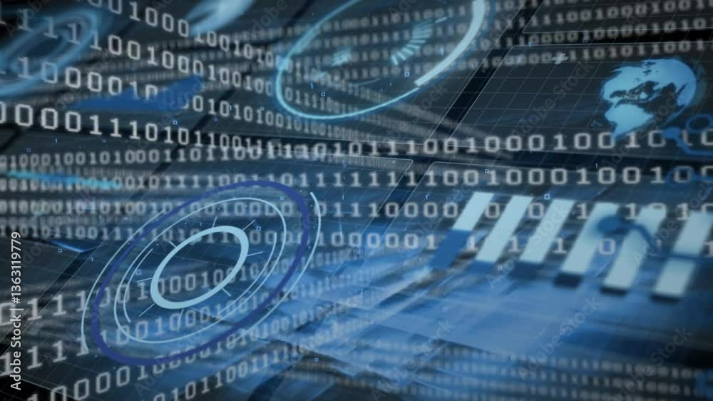 Poster animation of binary code with digital world map on blue tech background