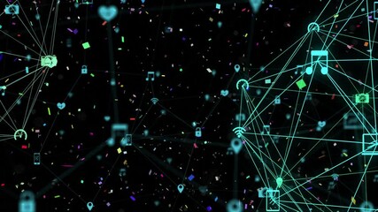 Data processing animation with network connections over colorful confetti background - Powered by Adobe