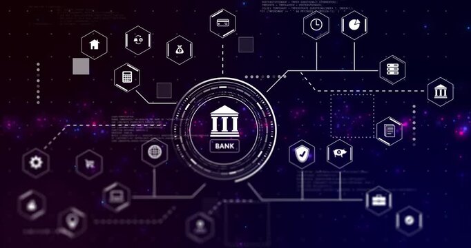 Digital network showing banking technology icons connected in animation background