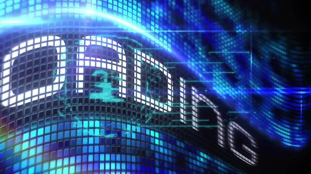 Glowing blue and white text on digital grid, showcasing animation technology theme