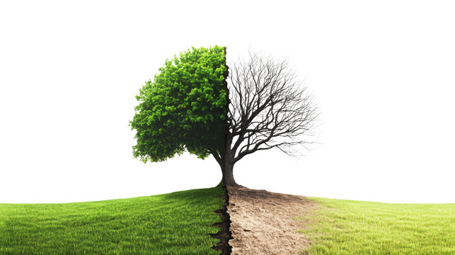 Dramatic Split Tree &ndash; One Side Lush Green, the Other Side Withered and Dead, Isolated on White Background