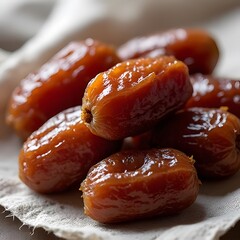 Sweet, glistening dates piled high, a rich harvest of amber and gold hues displayed on a soft, neutral fabric.