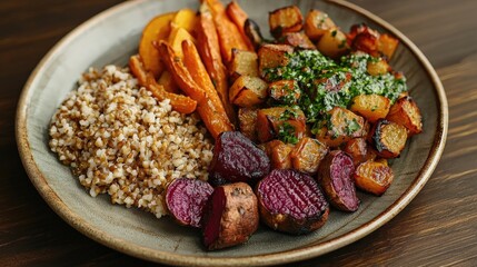 Fototapeta premium Rustic plate with roasted vegetables and grains, garnished with fresh herbs