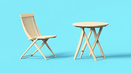 Light Wooden Folding Chair and Table Set: 3D Render on Blue Background AI Generated