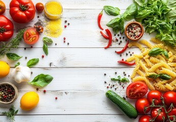 Fresh Vegetables and Ingredients for a Delicious Pasta Dish on Wooden Surface with Herbs, Spices, and Vibrant Colors for Culinary Inspiration