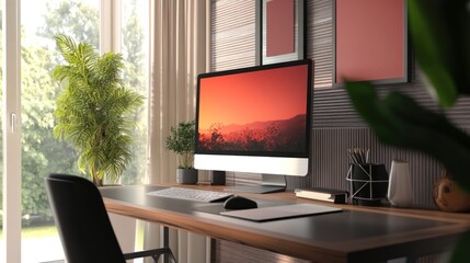 Fototapeta premium A Serene Home Office Workspace with Natural Light and Modern Decor